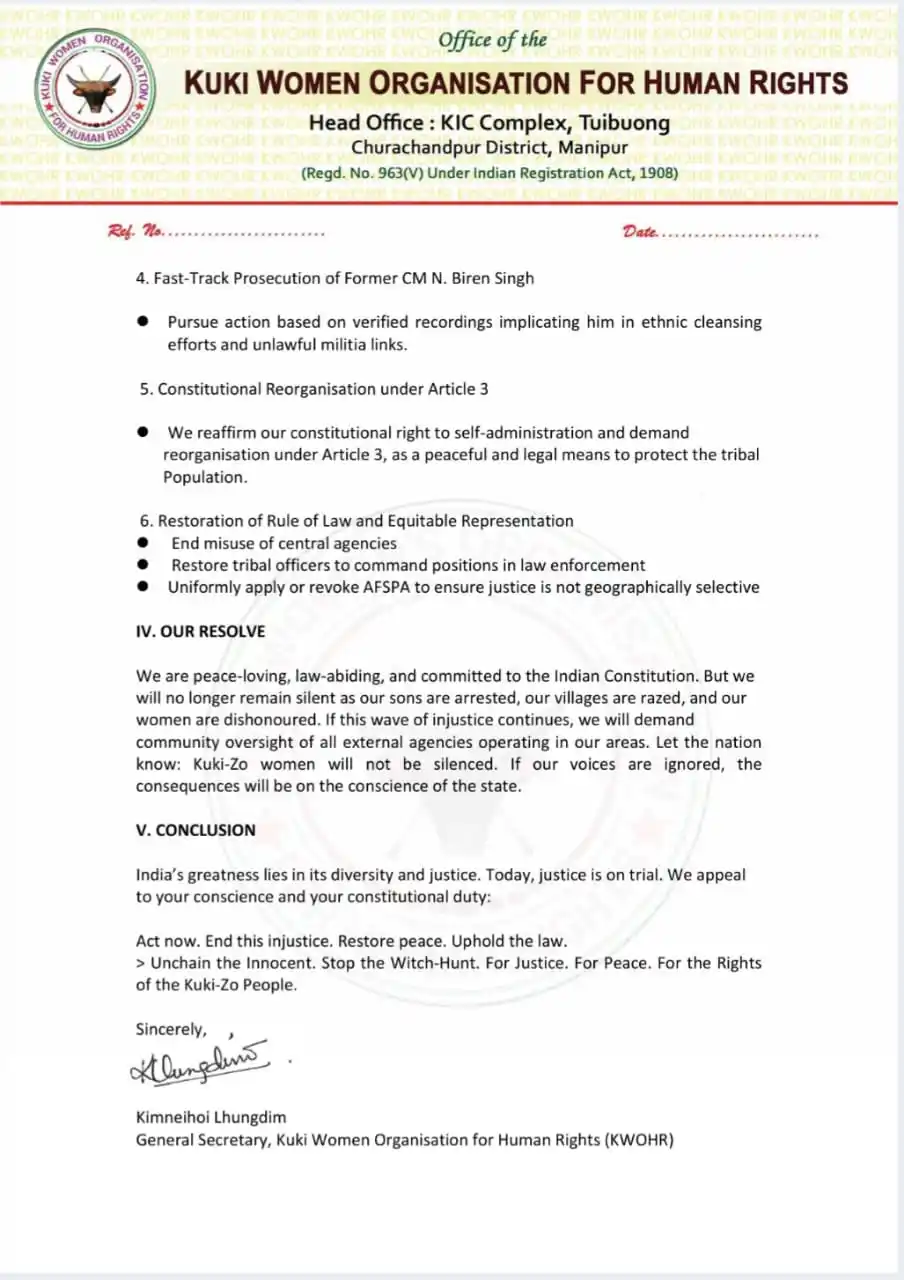 Image from KUKI UNITED: MEMORANDUM Submitted to: Shri Amit Shah Hon’ble Union Home Minister Go...