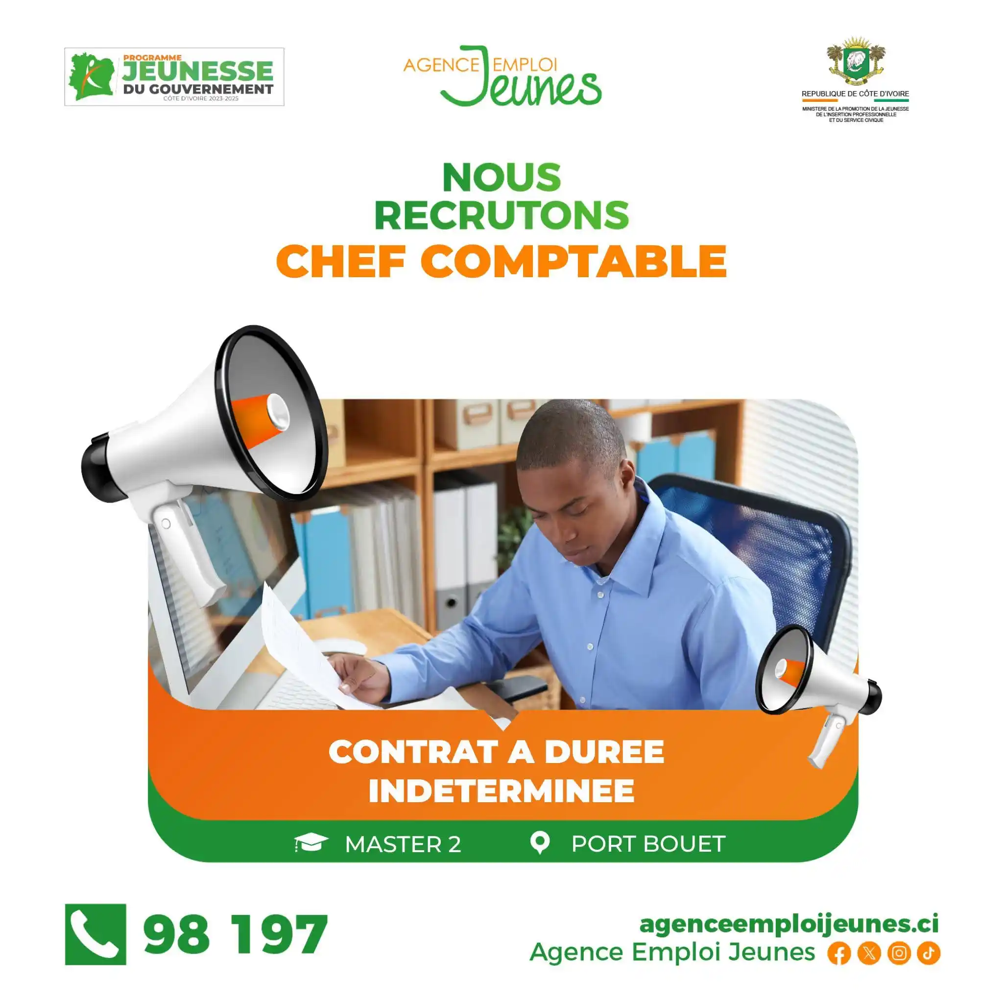 Image from MINISTÈRE DE LA PROMOTION DE LA JEUNESSE, DE L'INSERTION PROFESSIONNELLE ET DU SERVICE CIVIQUE: OFFRE 𝐂𝐃𝐈   L’Agence Emploi Jeunes recrute 𝟏 𝐂𝐡𝐞𝐟 𝐂𝐨𝐦𝐩𝐭𝐚...
