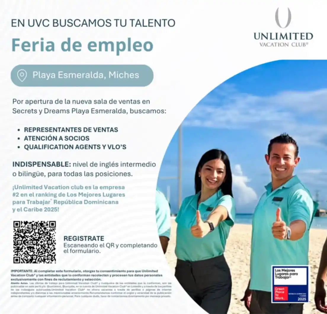 Image from Disi Mota Publicidad Empleos: 🚨 ¡Oportunidad de empleo en Miches! Unlimited Vacation Club busca per...
