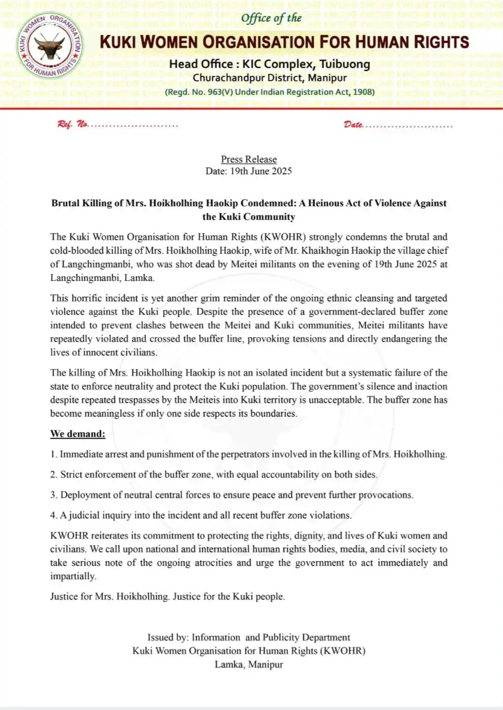 Image from KUKI UNITED: Press Release Date: 19th June 2025   Brutal Killing of Mrs. Hoikholhin...