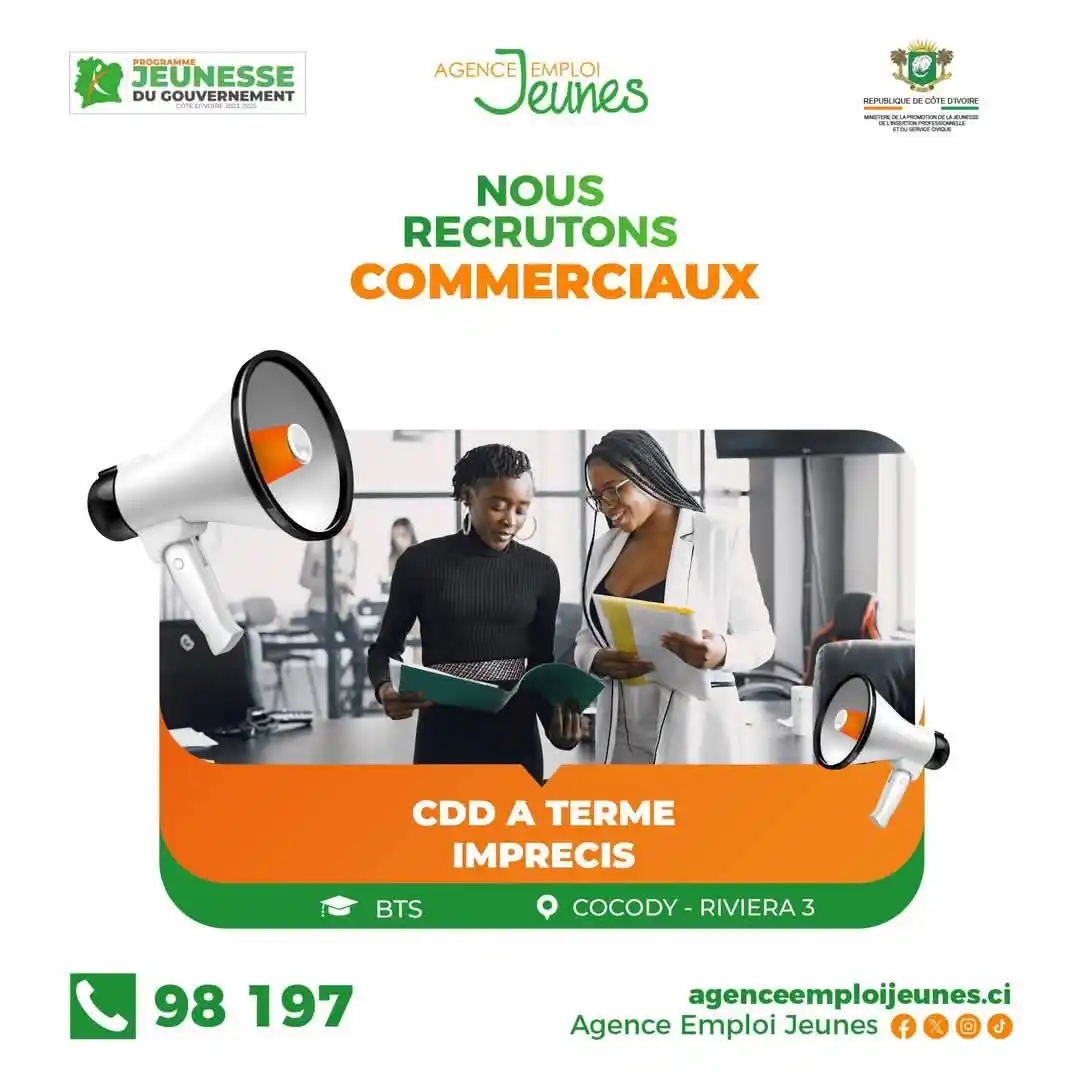 Image from MINISTÈRE DE LA PROMOTION DE LA JEUNESSE, DE L'INSERTION PROFESSIONNELLE ET DU SERVICE CIVIQUE: Recrutement de Commerciaux pour un  𝐂ontrat à 𝐃urée 𝐃éterminée (𝐂�...
