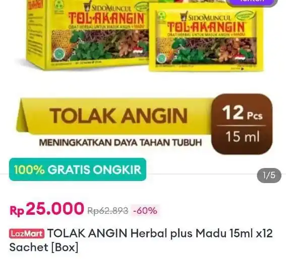 Image from Info Garapan Promo Indomaret Alfamart Racun Shopee Lazada Tokopedia Blibli Tiktok Superin Gojek Grab: Rp25.000  ⏰00:00 WIB  TOLAK ANGIN Herbal plus Madu 15ml x12 Sachet [Bo...