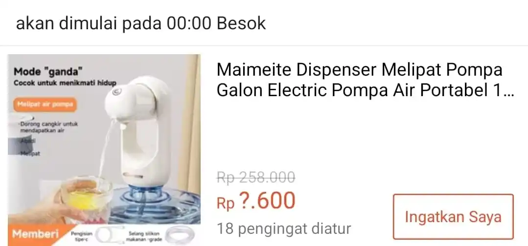 Image from Info Garapan Promo Indomaret Alfamart Racun Shopee Lazada Tokopedia Blibli Tiktok Superin Gojek Grab: Rp6.600 ⏰ 00:00 WIB  MAIMEITE Dispenser melipat Pompa Galon Electric P...