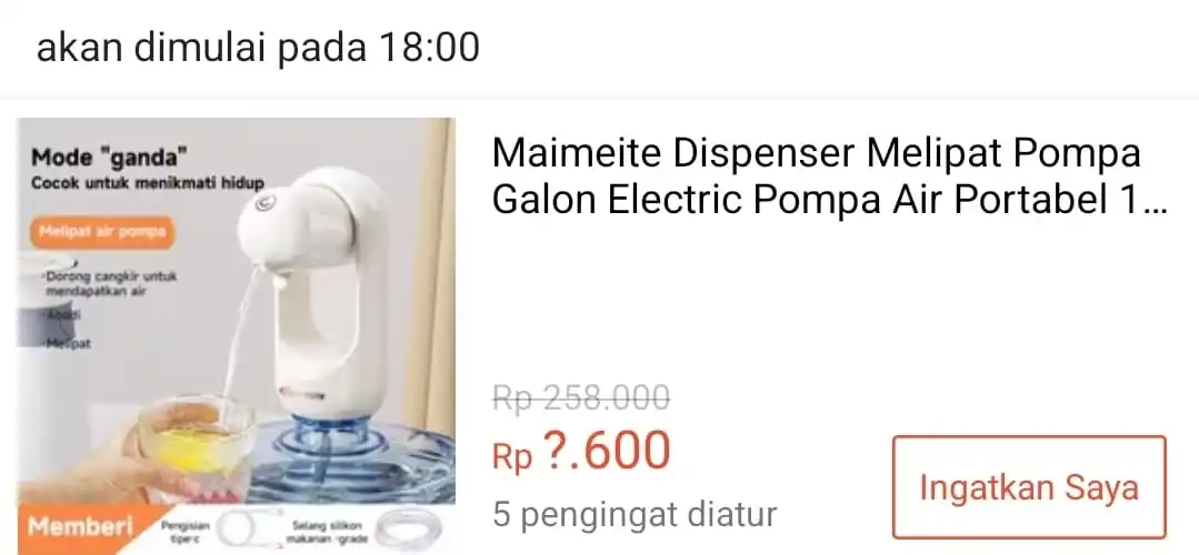 Image from Info Garapan Promo Indomaret Alfamart Racun Shopee Lazada Tokopedia Blibli Tiktok Superin Gojek Grab: Rp6.600 ⏰18:00 WIB MAIMEITE Dispenser melipat Pompa Galon Electric St...