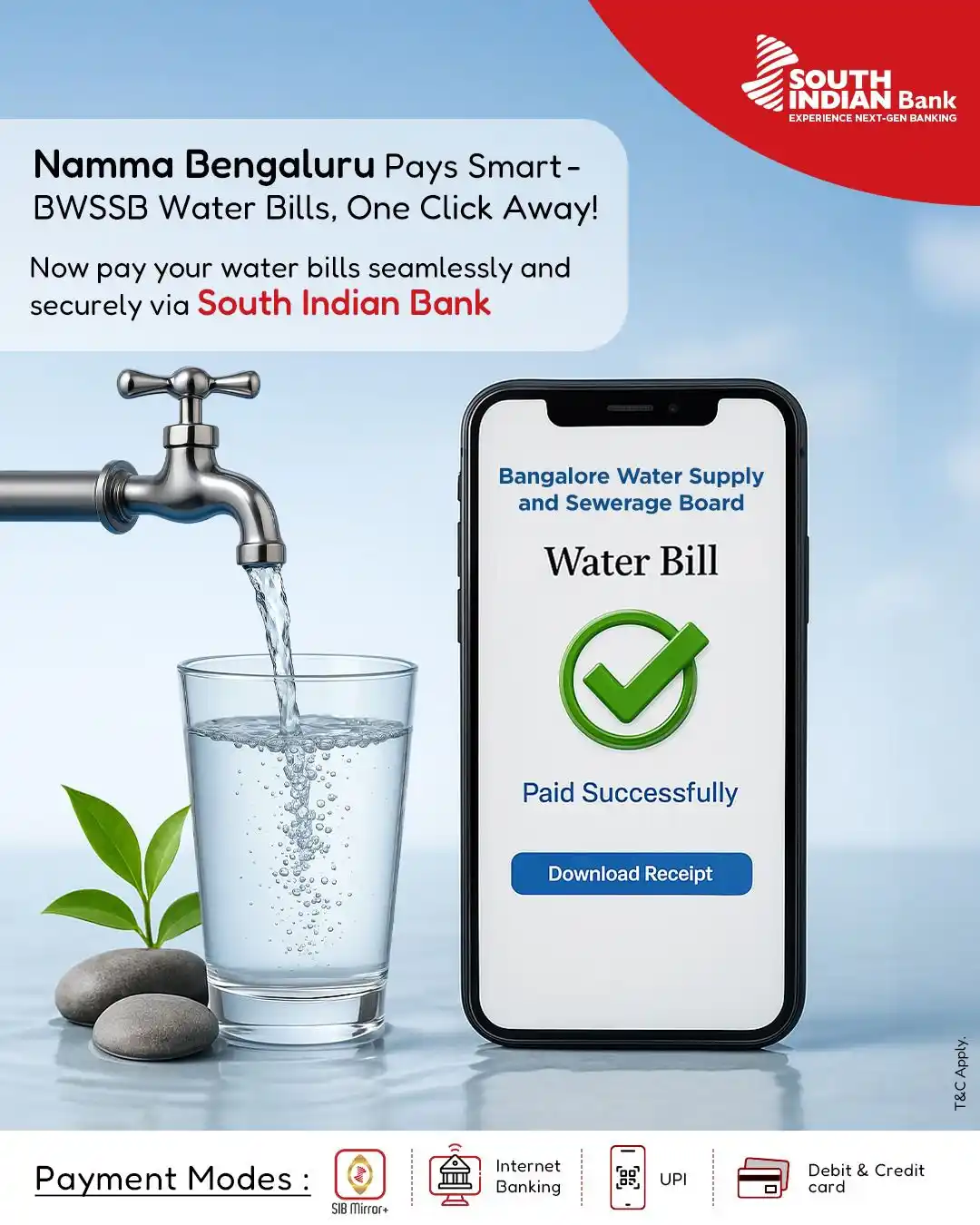 Image from South Indian Bank: Smart city. Smarter payments. BWSSB water bills are now just a tap awa...