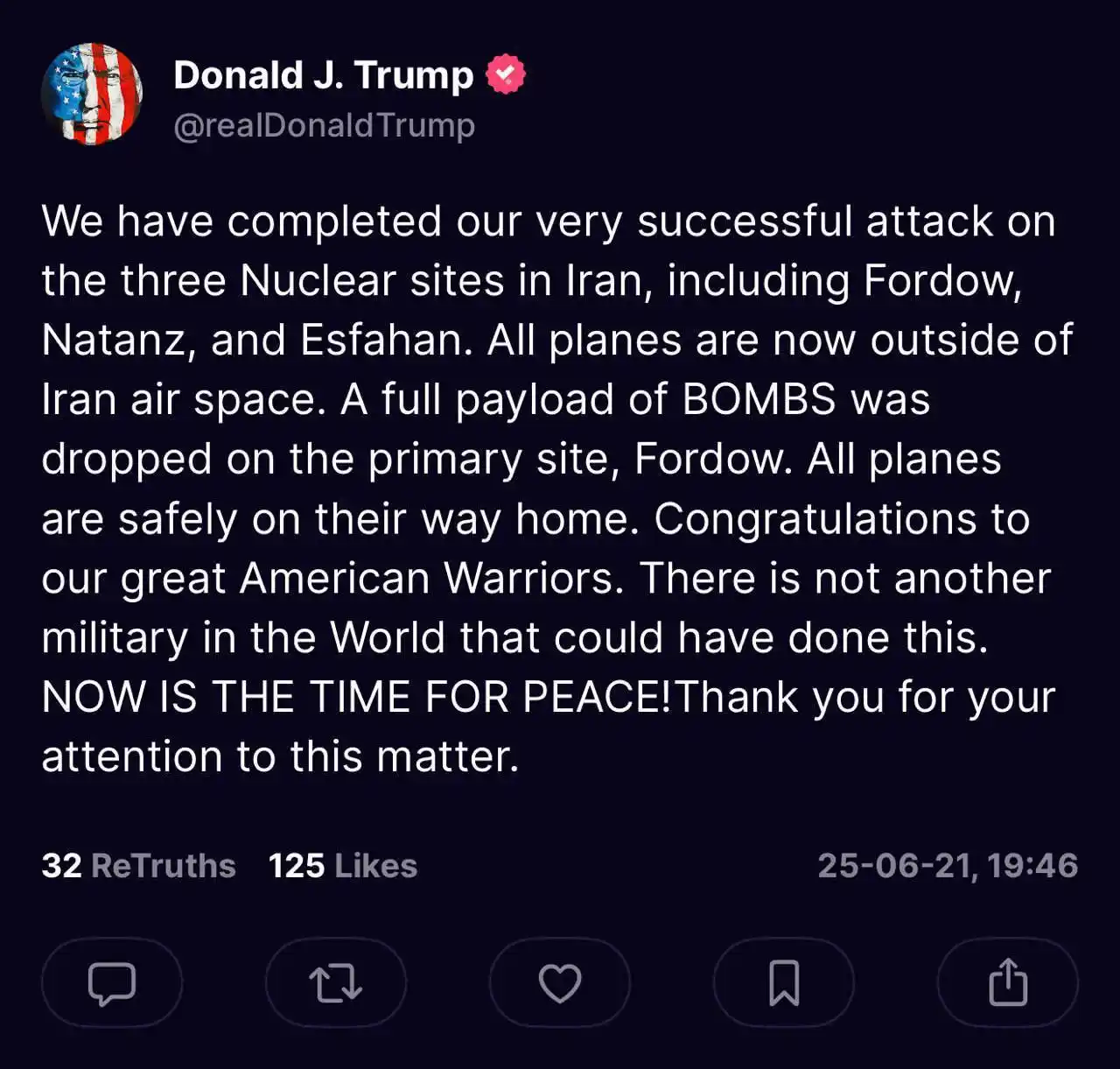 Image from πππ¦π£ππ₯π§ππ‘ππ’ π ππ πππππ¦ππ π₯±ποΈ: Trump: Hemos completado con gran Γ©xito el ataque a las tres instalacio...
