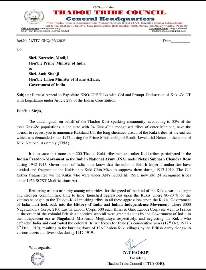 Image from KUKI UNITED: TTC-GHQ:  *MEMORANDUM*  17th June, 2025.  *To,*  _Shri. Narendra Modij...