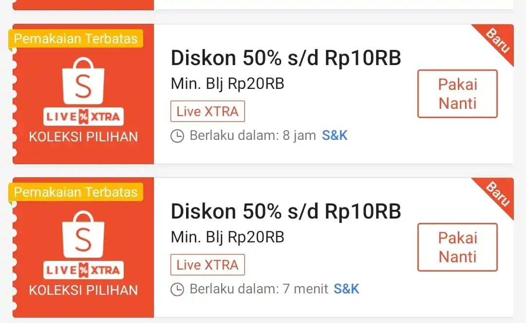 Image from Info Garapan Promo Indomaret Alfamart Racun Shopee Lazada Tokopedia Blibli Tiktok Superin Gojek Grab: Voucher Shopee Live Xtra ⏰ 12:00 | 20:00 WIB *Diskon 50% s/d 10RB mi...