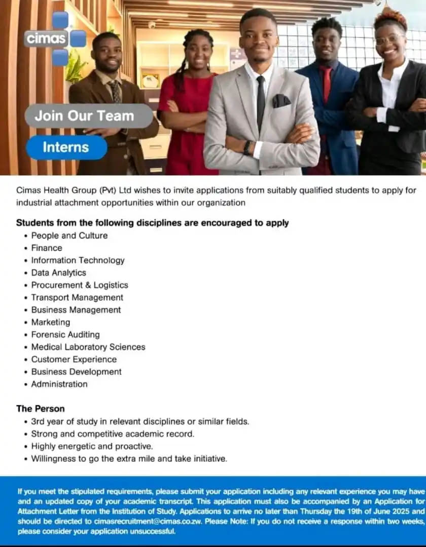 Image from Everyday Vacancies 🇿🇼: Cimas is recruiting interns...