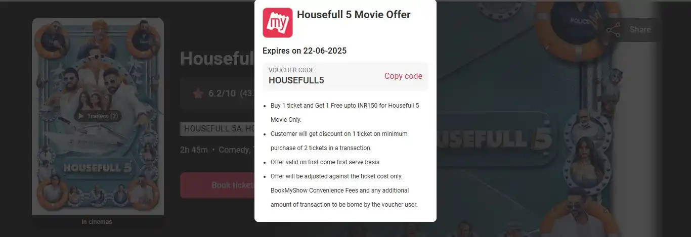 Image from FLIPSHOPE - Deals and Offers: 🤑Housefull 5 Movie Offer🛑 Buy 1 ticket and Get 1 *FREE* 🎉Code- *HO...