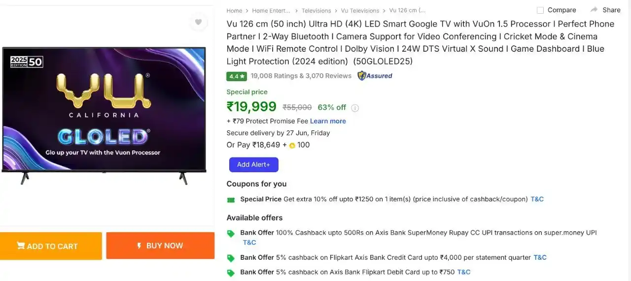 Image from FLIPSHOPE - Deals and Offers: Loot : Vu 50 inch Ultra HD 4K LED Smart TV @ 19999 (Effectively)  🔗ht...