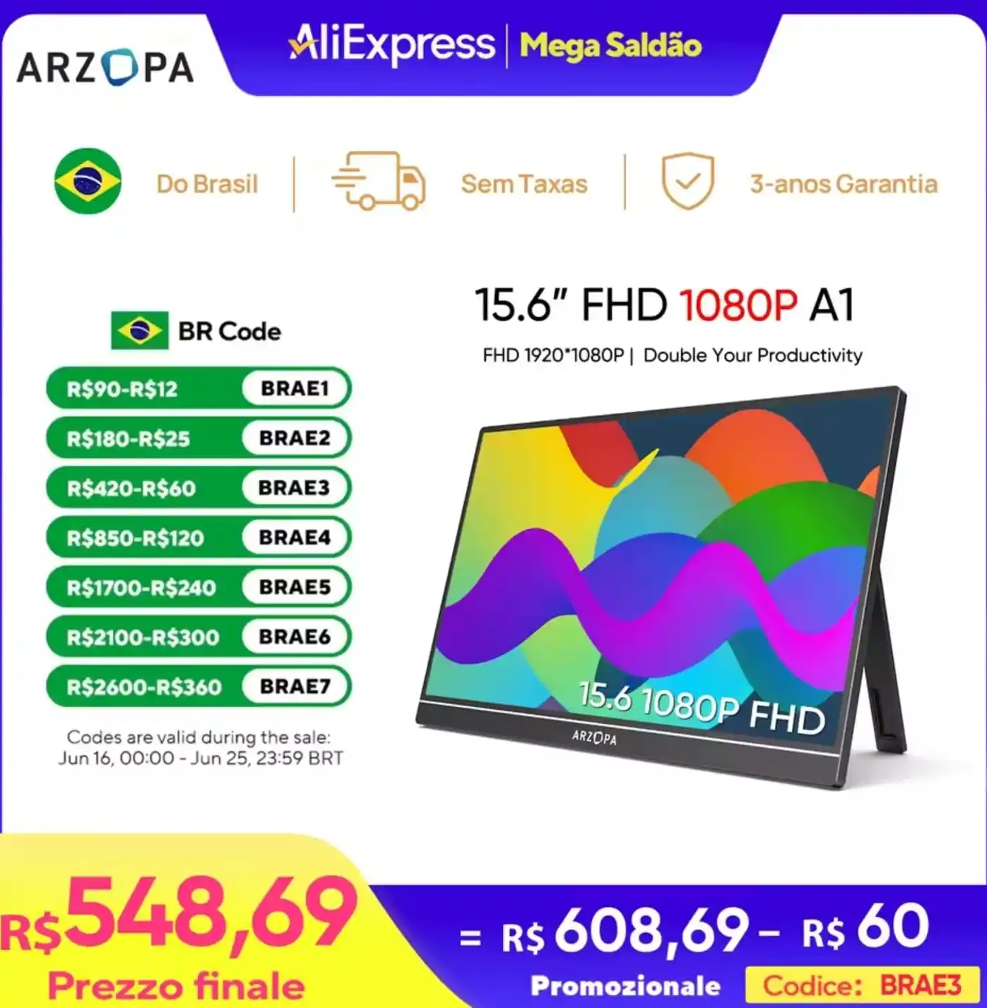 Image from Vizzuali Ofertas: NO BRASIL🇧🇷 E SEM TAXA    *Monitor Portátil ARZOPA 15.6 inch FHD 108...