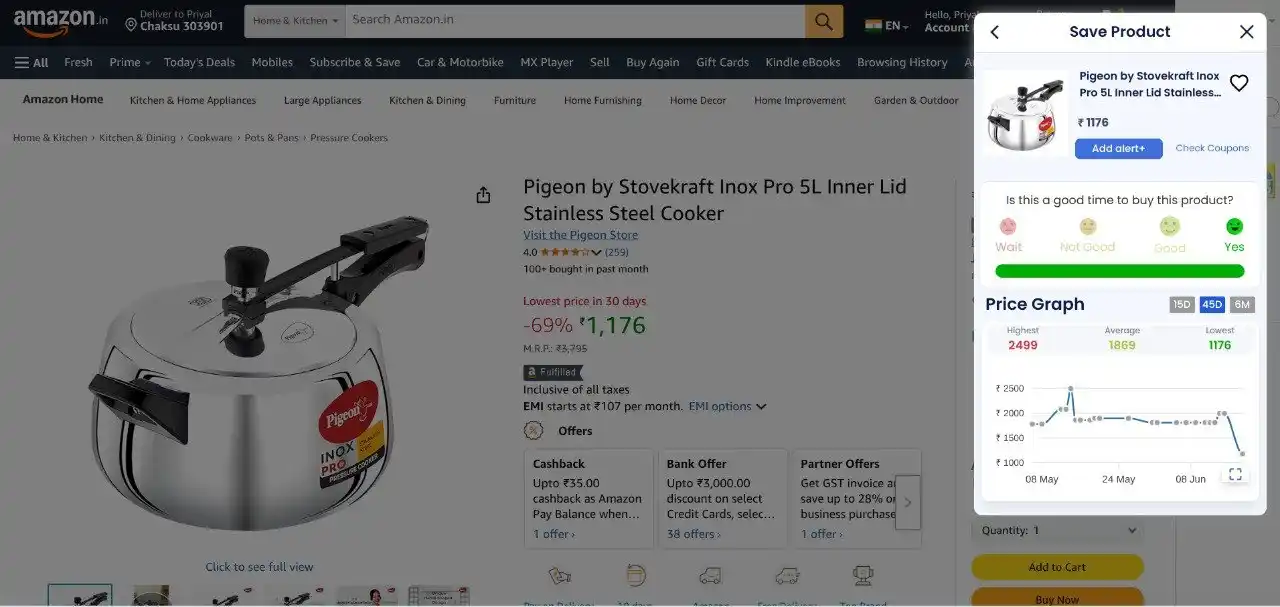 Image from FLIPSHOPE - Deals and Offers: Pigeon by Stovekraft Inox Pro 5L Inner Lid Stainless Steel Cooker@1176...
