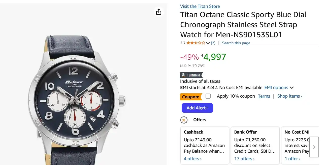 Image from FLIPSHOPE - Deals and Offers: Titan Octane Classic Sporty Blue Dial Chronograph Stainless Steel Stra...