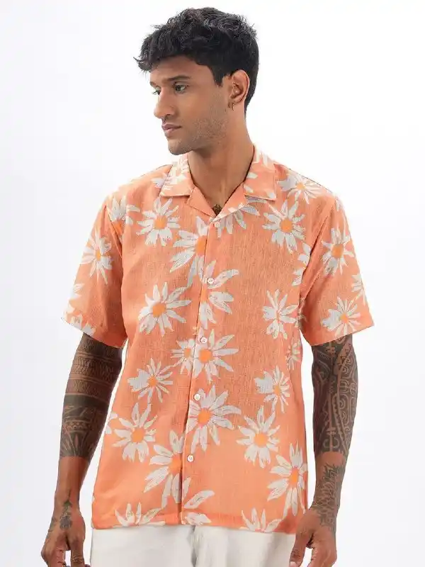 Image from FLIPSHOPE - Deals and Offers: Vestirio Men Relaxed Cuban Collar Floral Printed Linen Blend Casual Sh...