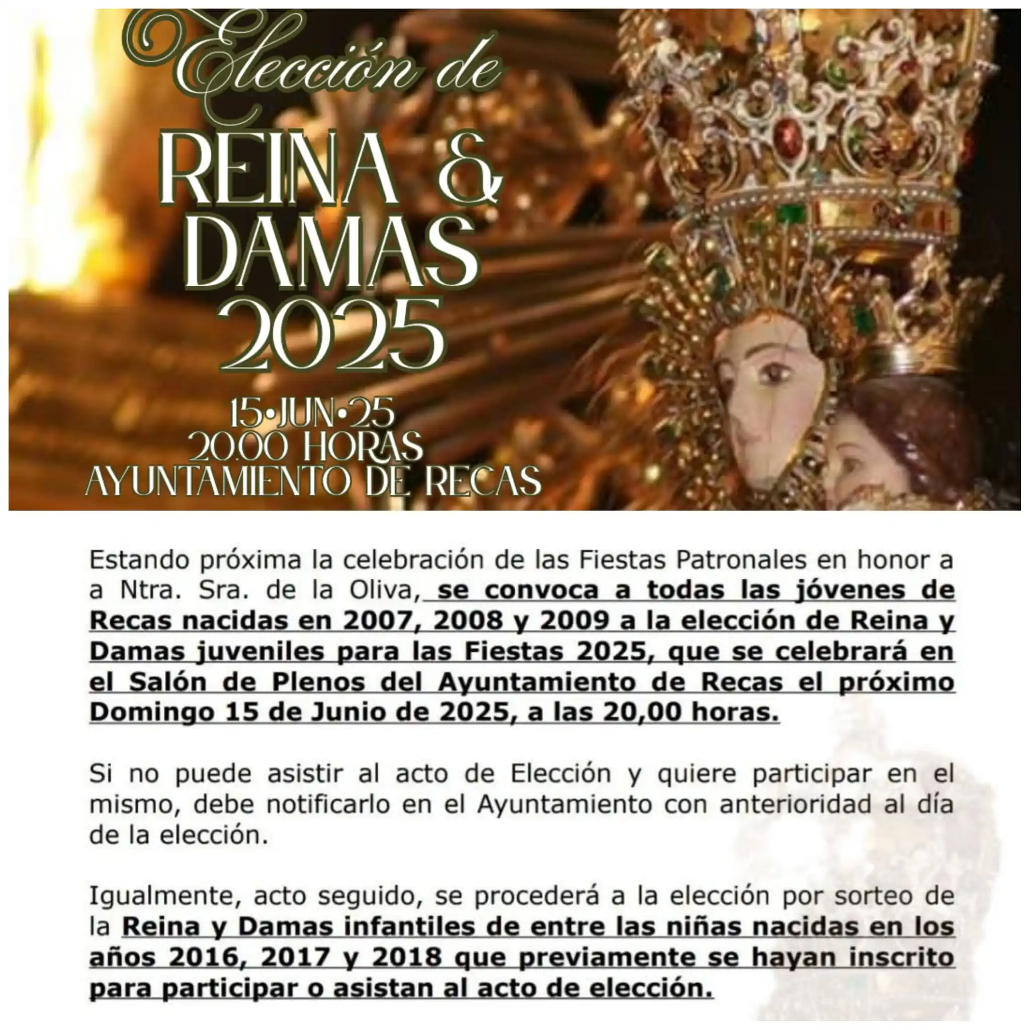 Image from Ayuntamiento de Recas: Anuncio: Recuerda que la Elección de Reinas y Damas para las Fiestas 2...
