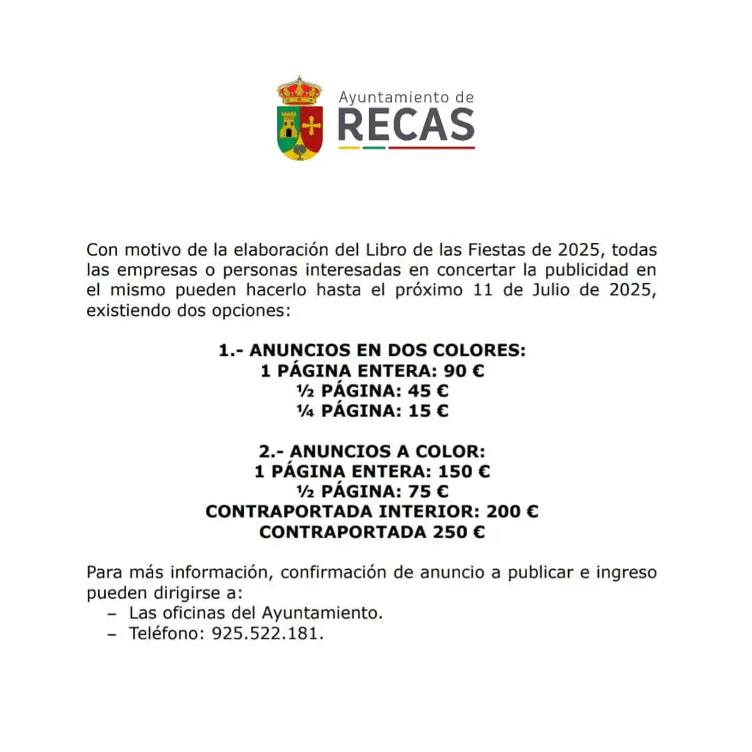 Image from Ayuntamiento de Recas: Anuncios en el libro de las fiestas 2025. Tenemos que informar que e...