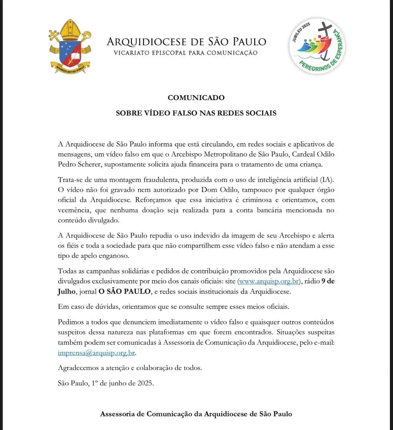 Image from Arquidiocese de São Paulo: *ATENÇÃO!* *SOBRE VÍDEO FALSO NAS REDES SOCIAIS* A Arquidiocese de ...