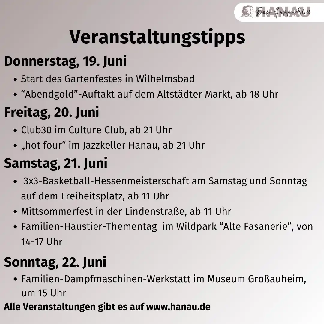 Image from Stadt Hanau: Gude Hanau 👋 Hier die Veranstaltungen der Woche.   🙌☀️ *Hanau feiert...