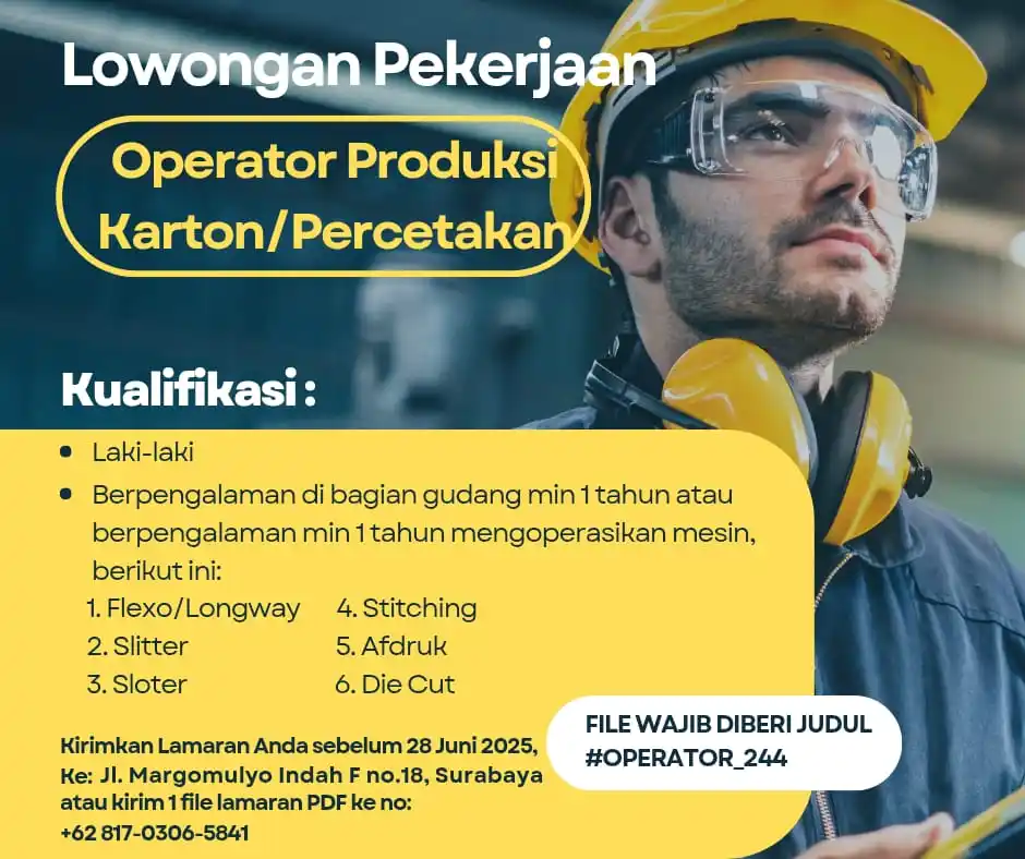 Image from Loker Surabaya Dan Sekitarnya: Lowongan kerja Operator Produksi Karton/Percetakan! Kirim lamaran sebe...