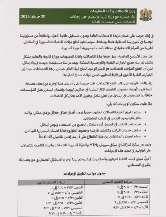 Image from 〘 نبـأ 〙: 🔴 *وزارة الاتصالات السورية* تنشر جدول مواعيد قطع الاتصالات الخلوية في...