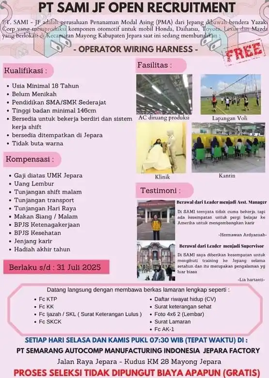 Image from Loker Surabaya Dan Sekitarnya: *PT Sami Jf* Opr Wirring Harness...
