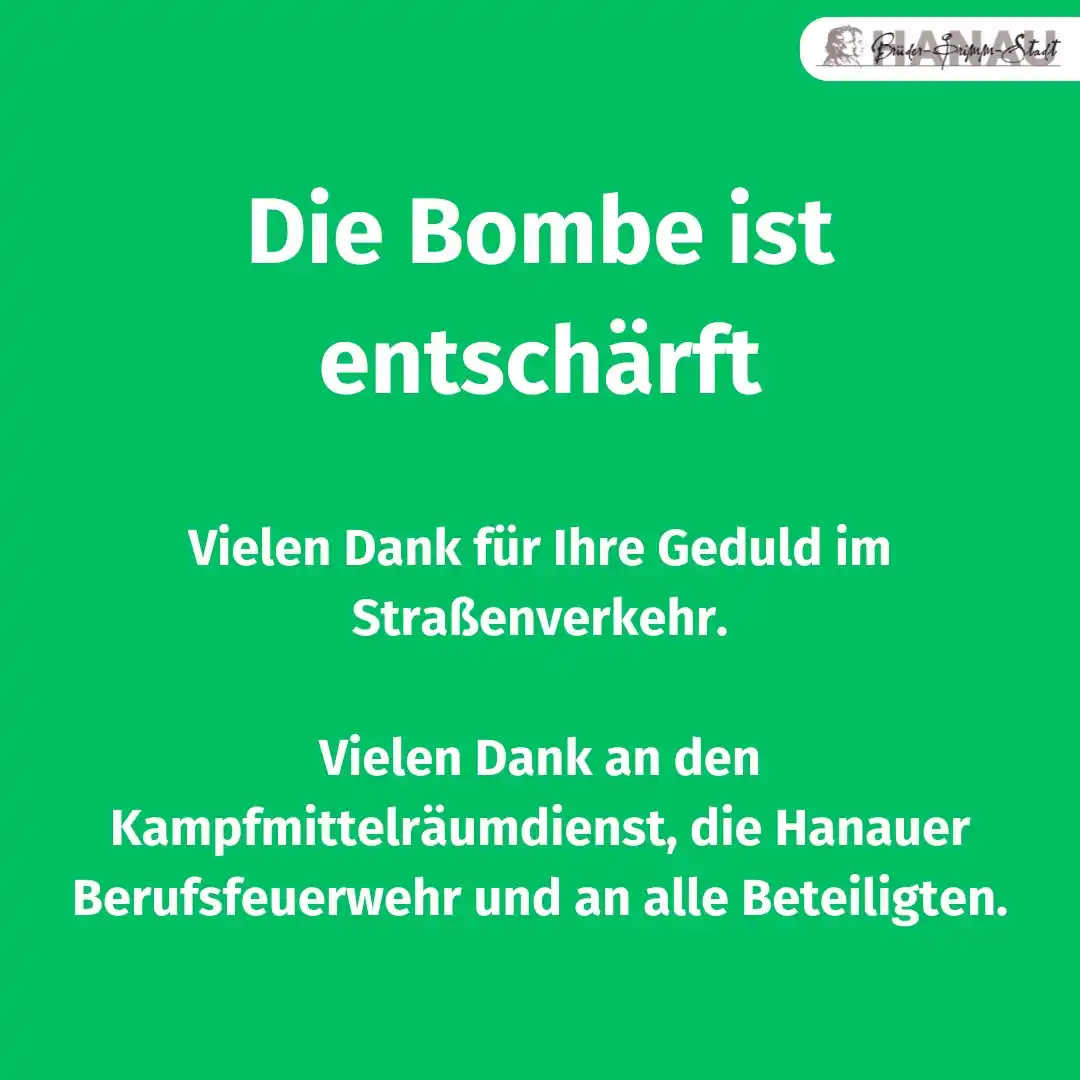 Image from Stadt Hanau: Weltkriegsbombe in Hanau entschärft Am Mittag des heutigen Freitags, ...