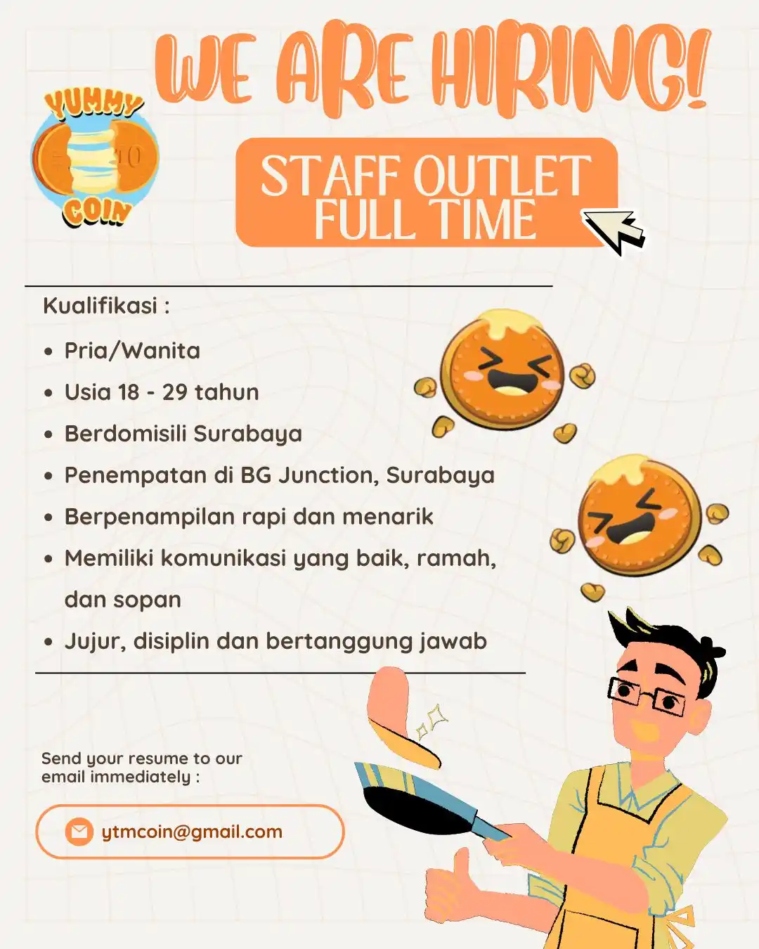 Image from Loker Surabaya Dan Sekitarnya: 📍 Yummy Coin – BG Junction, Surabaya 📌 Deskripsi Pekerjaan: Menyam...