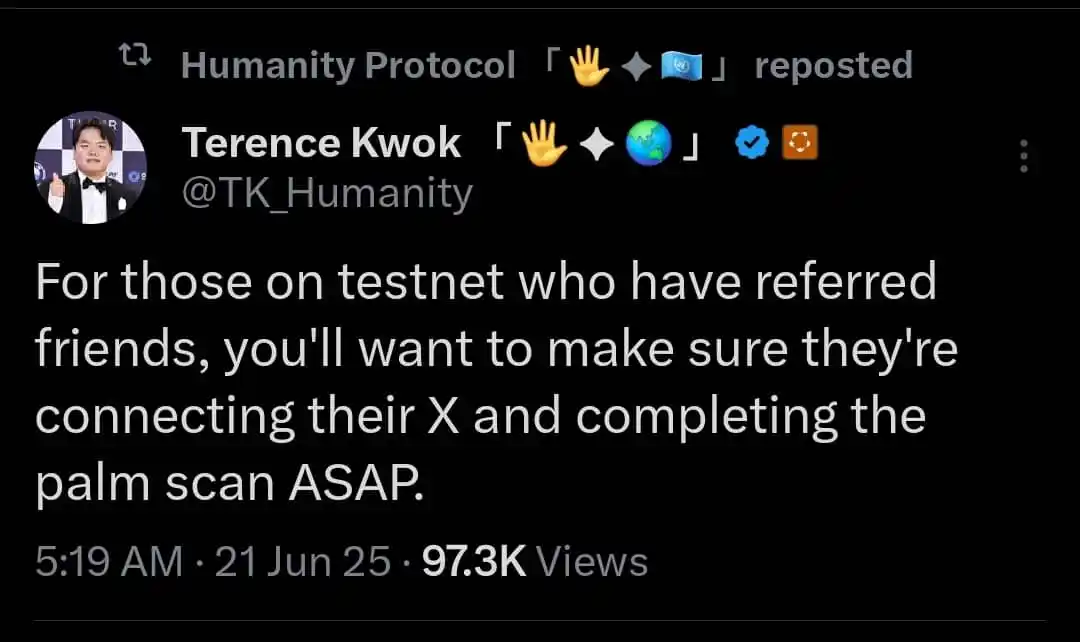 Image from 𝚂𝙴𝙶 🅰🅻🅿🅷🅰-⭕: Humanity protocol testnet users, make sure to tell your referrals to c...