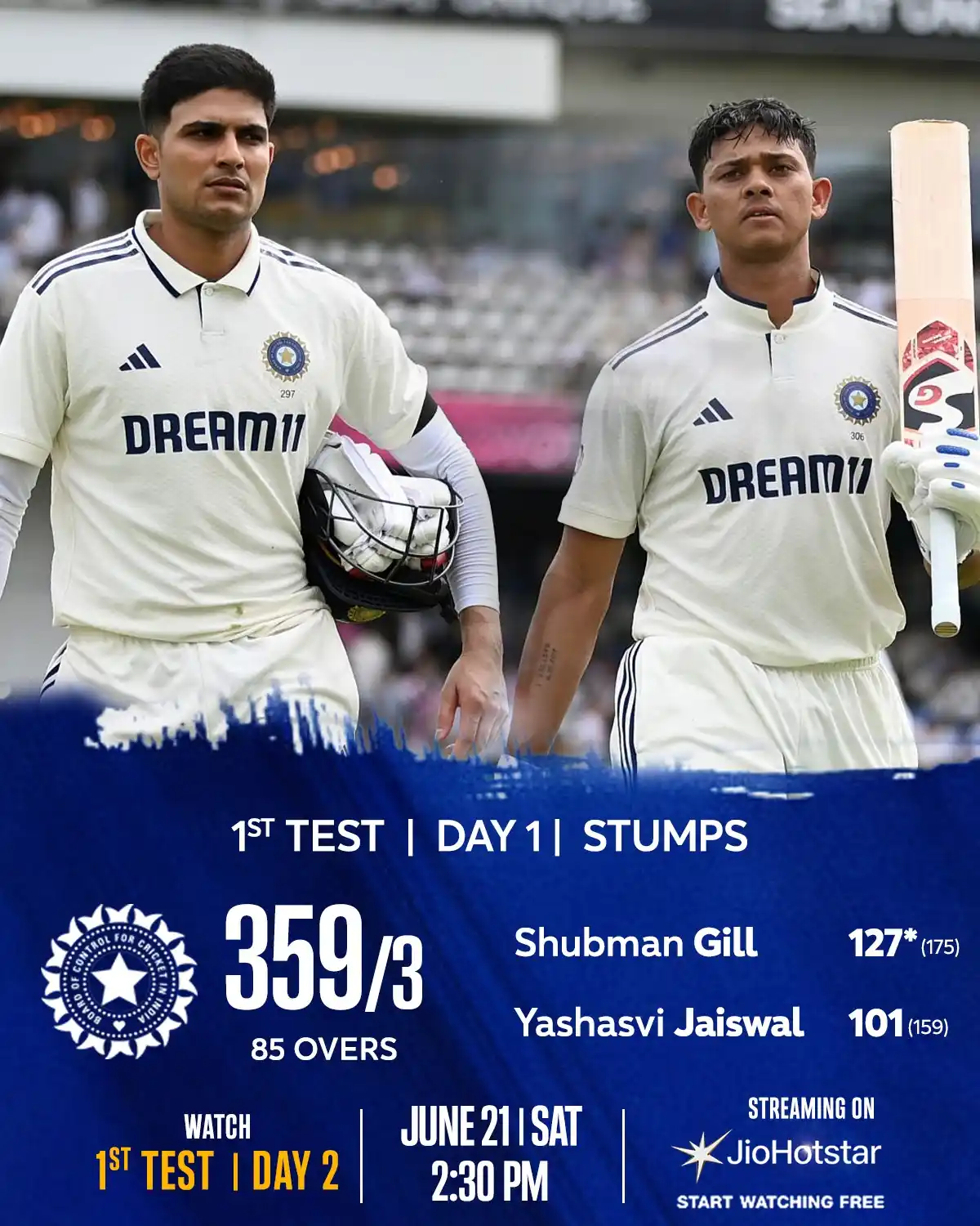 Image from Star Sports India: *A dominant day for the Indian batters at Leeds!* 🔥  For the first ti...