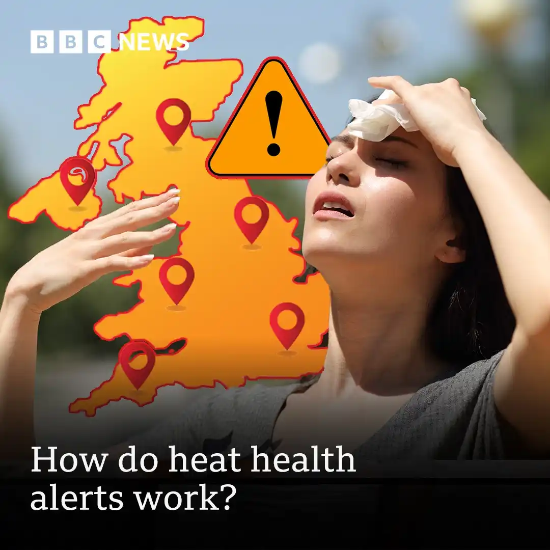 Image from BBC News: Amber heat health alerts have been issued across all of England, with ...