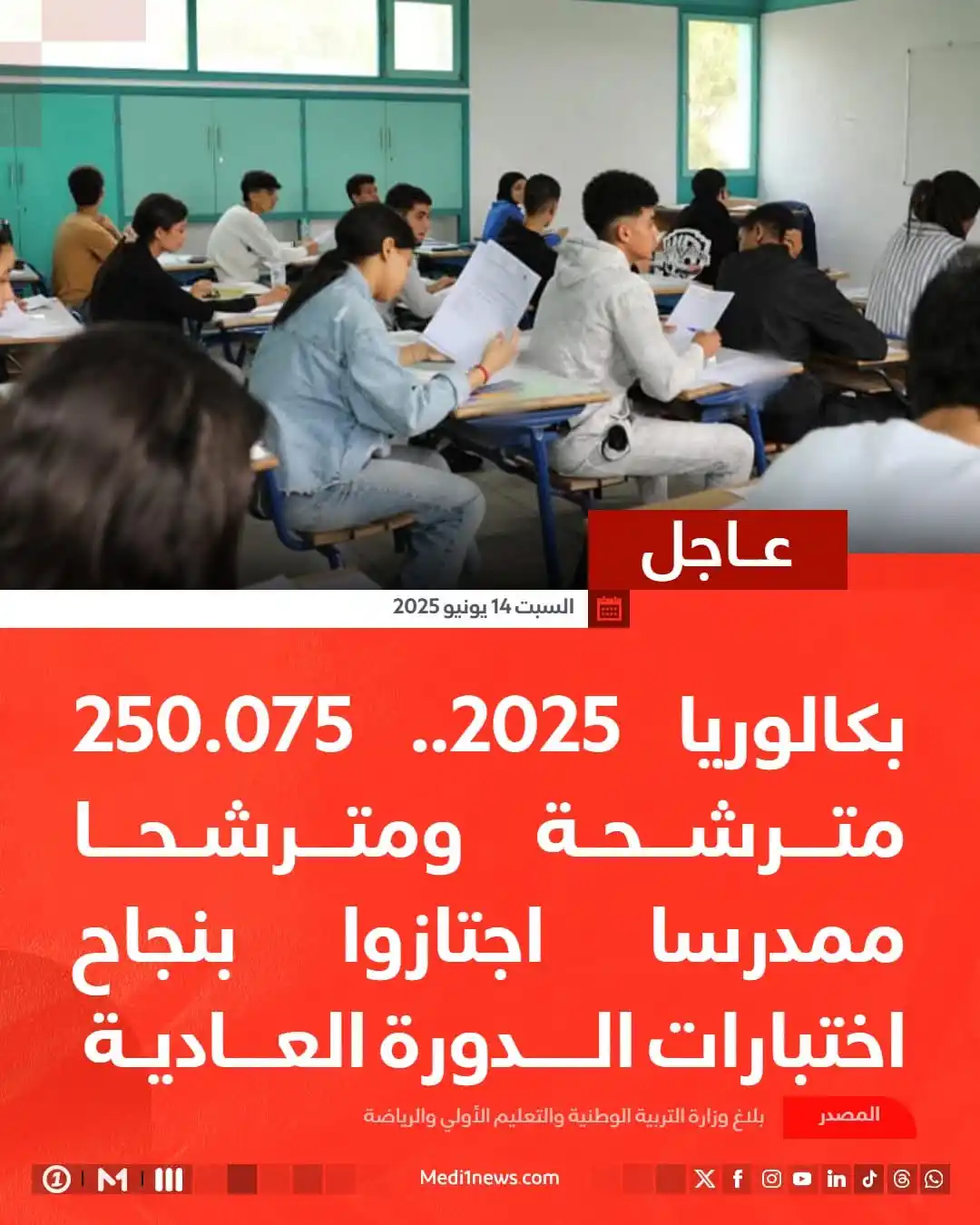 Image from Medi1TV: ✔️ بكالوريا 2025.. 250.075 متــرشــحـة ومتــرشـحــا ممدرسا اجتازوا بنج...