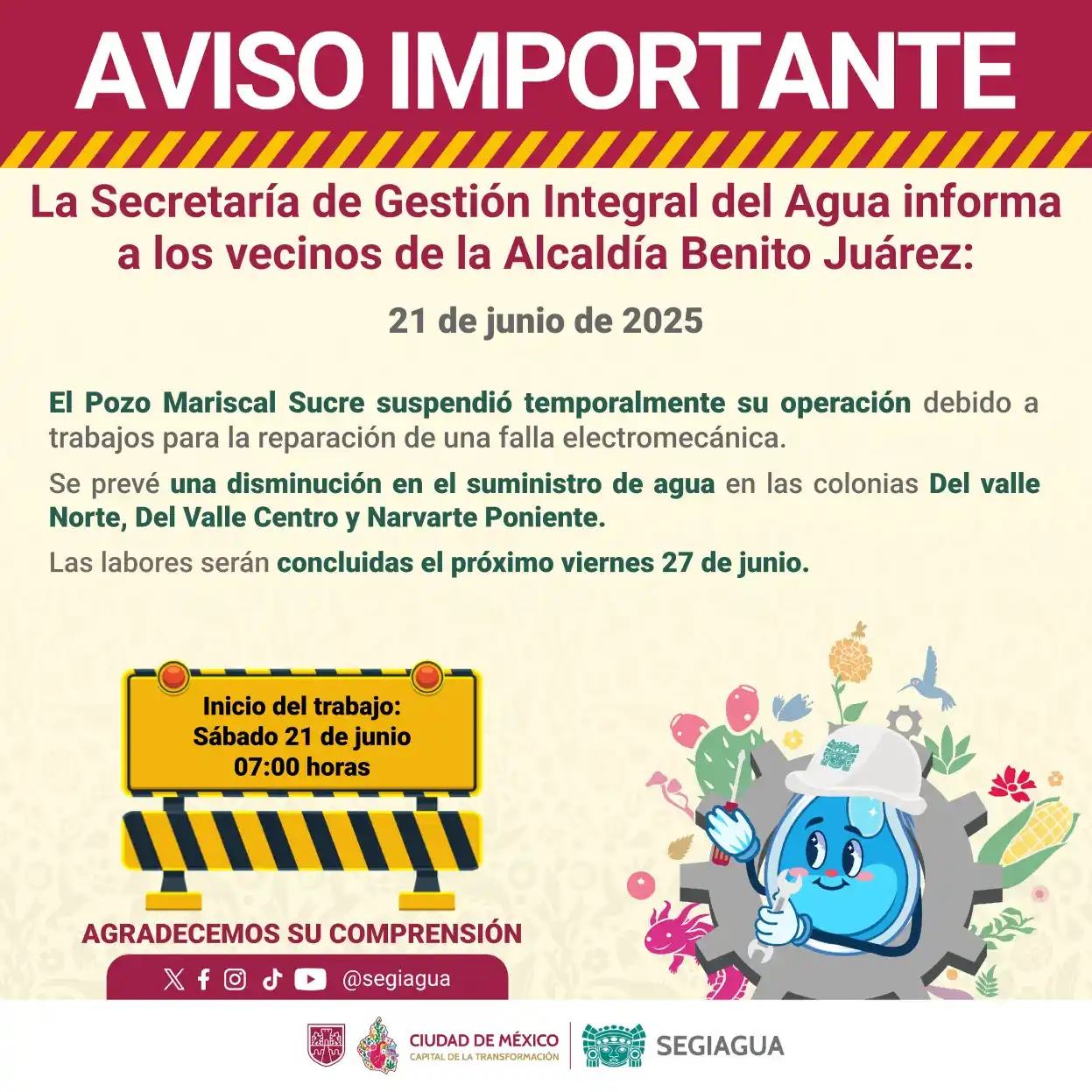 Image from Secretaría de Gestión Integral del Agua - SEGIAGUA💧: 🚧 La Secretaría de Gestión Integral del Agua informa a los vecinos de...