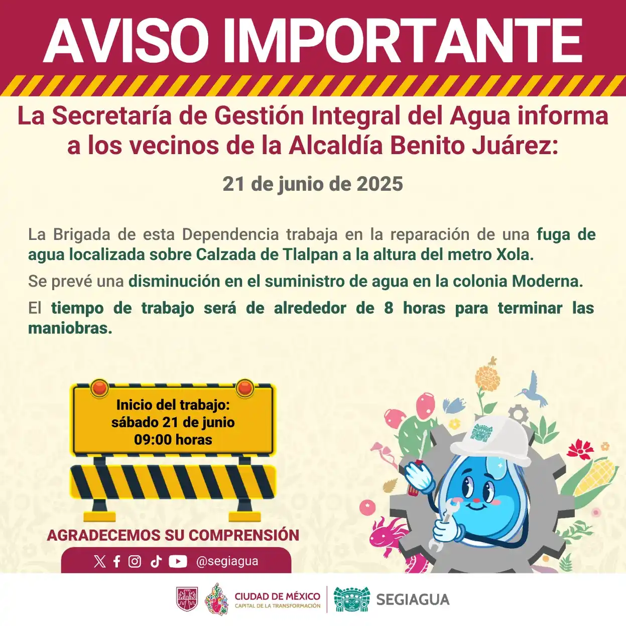 Image from Secretaría de Gestión Integral del Agua - SEGIAGUA💧: 🚧 La Secretaría de Gestión Integral del Agua informa a los vecinos de...