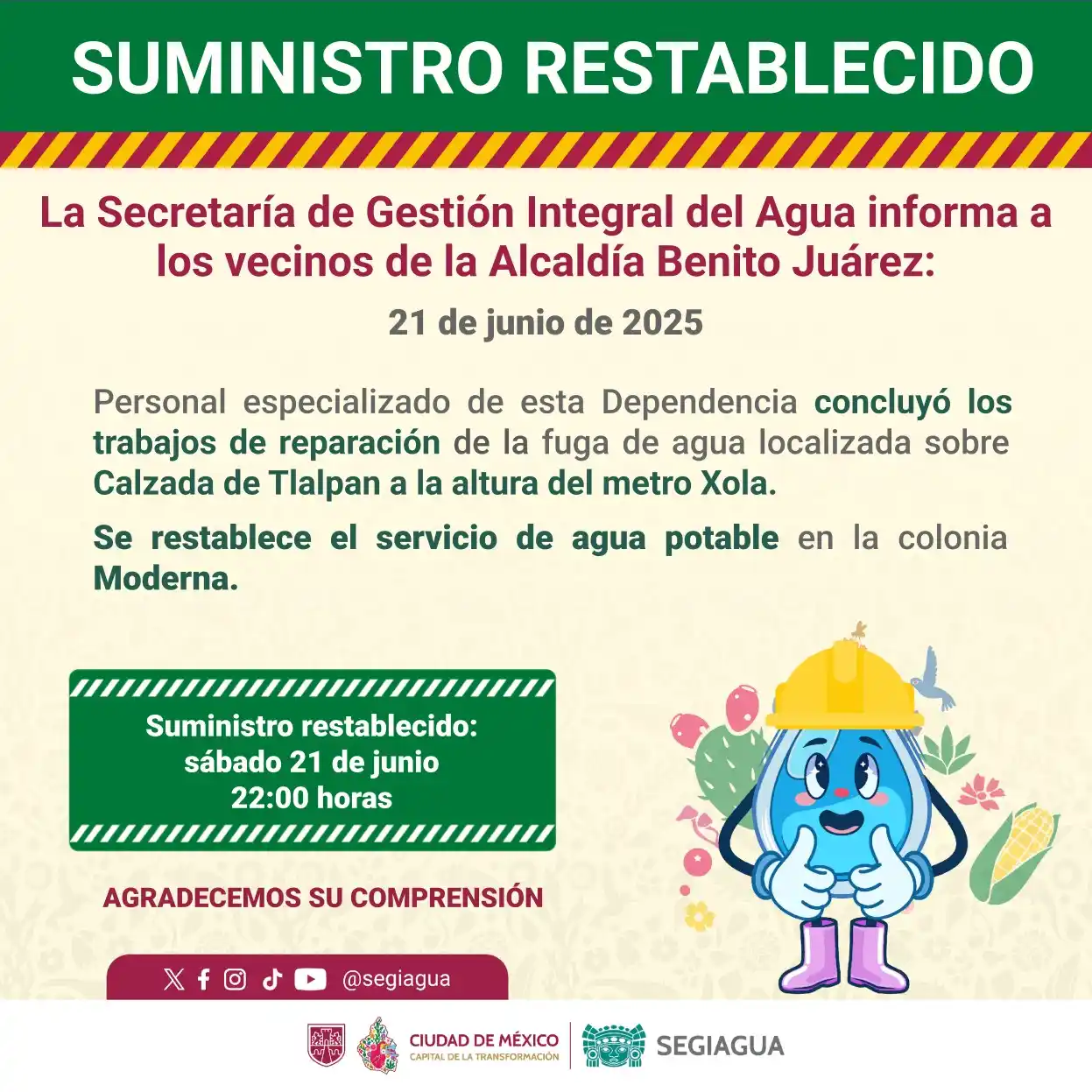 Image from Secretaría de Gestión Integral del Agua - SEGIAGUA💧: 🚧 La Secretaría de Gestión Integral del Agua informa a los vecinos de...