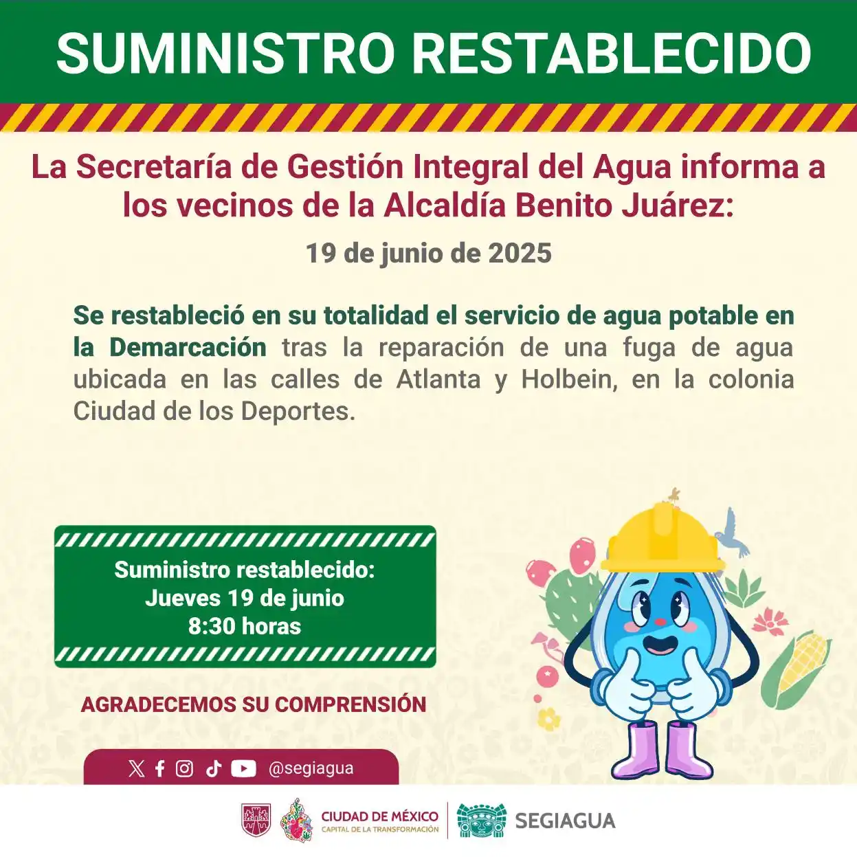 Image from Secretaría de Gestión Integral del Agua - SEGIAGUA💧: 🚧 La Secretaría de Gestión Integral del Agua informa a los vecinos de...