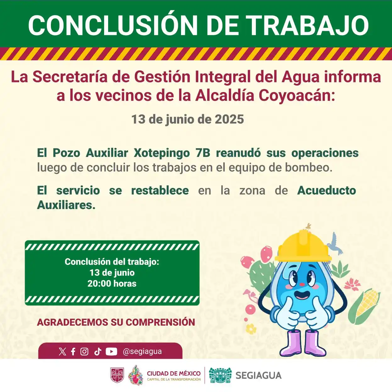 Image from Secretaría de Gestión Integral del Agua - SEGIAGUA💧: 🚧 La Secretaría de Gestión Integral del Agua informa a los vecinos de...