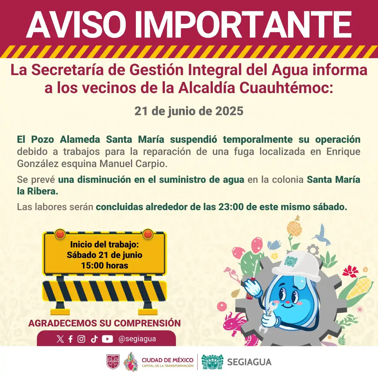Image from Secretaría de Gestión Integral del Agua - SEGIAGUA💧: 🚧 La Secretaría de Gestión Integral del Agua informa a los vecinos de...