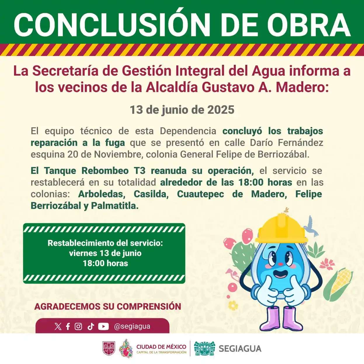 Image from Secretaría de Gestión Integral del Agua - SEGIAGUA💧: 🚧 La Secretaría de Gestión Integral del Agua informa a los vecinos de...