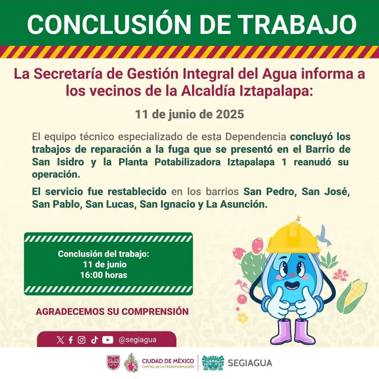 Image from Secretaría de Gestión Integral del Agua - SEGIAGUA💧: 🚧 La Secretaría de Gestión Integral del Agua informa a los vecinos de...