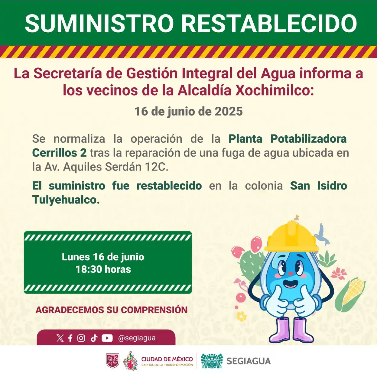 Image from Secretaría de Gestión Integral del Agua - SEGIAGUA💧: 🚧 La Secretaría de Gestión Integral del Agua informa a los vecinos de...