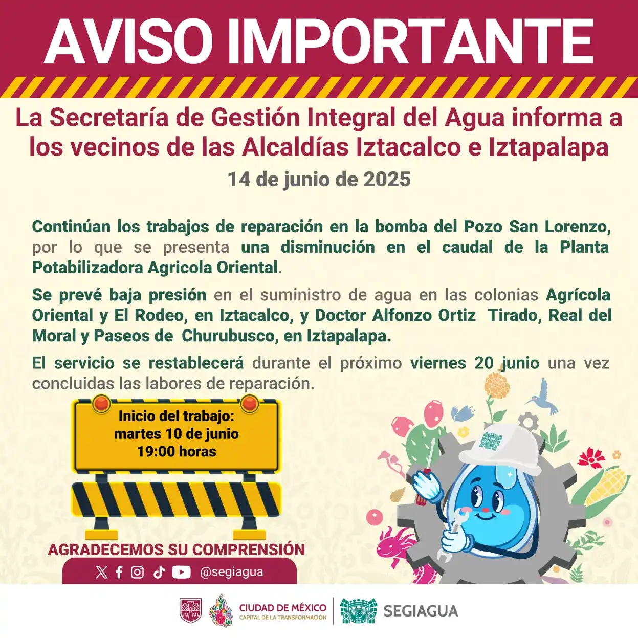 Image from Secretaría de Gestión Integral del Agua - SEGIAGUA💧: 🚧 La Secretaría de Gestión Integral del Agua informa a los vecinos de...
