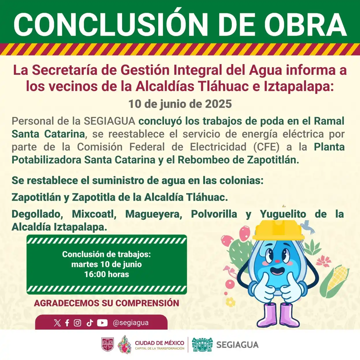 Image from Secretaría de Gestión Integral del Agua - SEGIAGUA💧: 🚧 La Secretaría de Gestión Integral del Agua informa a los vecinos de...