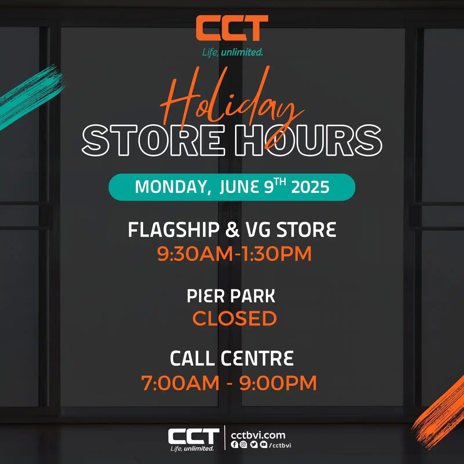 Image from CCT BVI : On Monday, June 9th, 2025, our retail stores will operate with reduced...