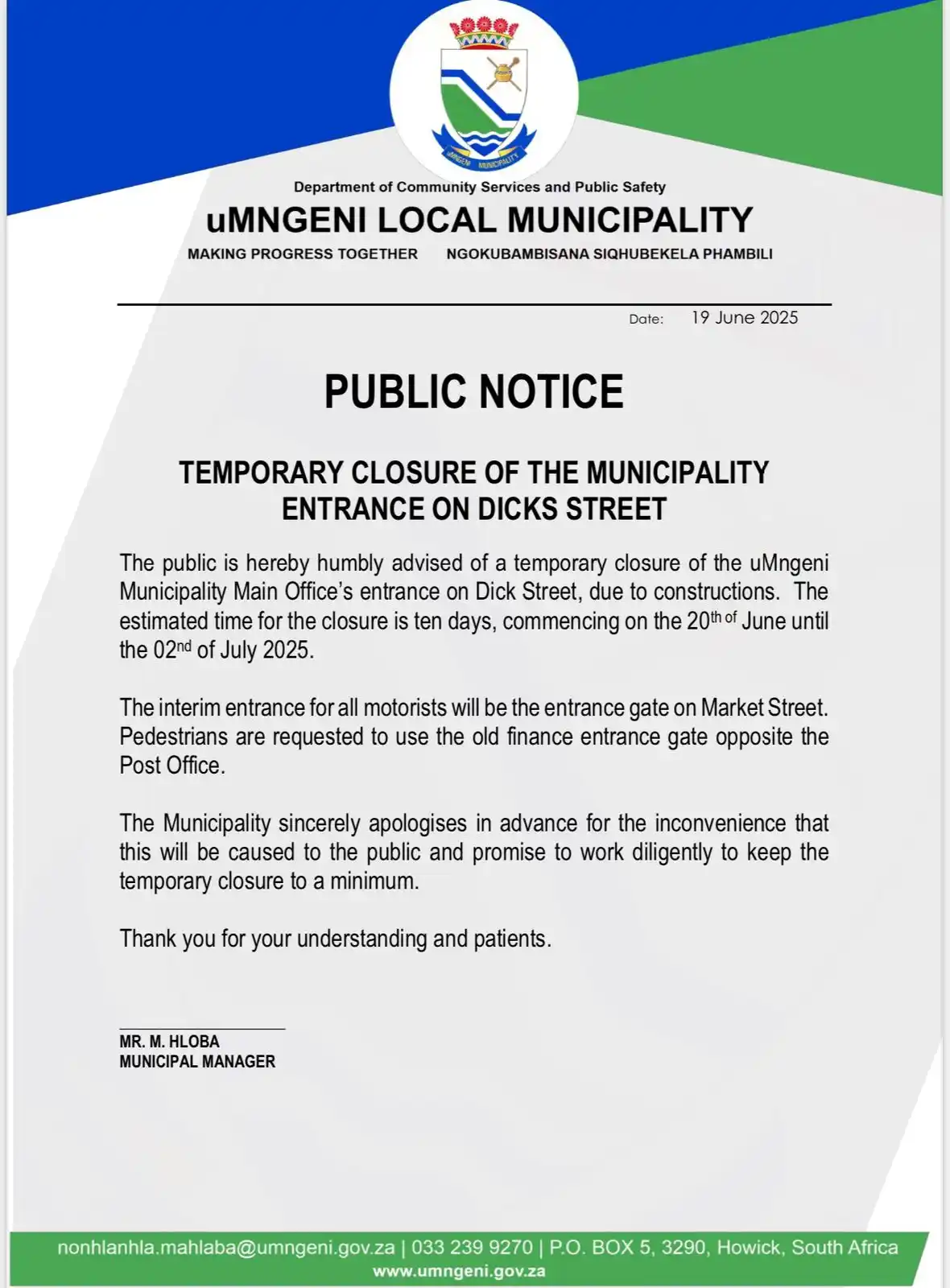Image from uMngeni Municipality : PUBLIC NOTICE : TEMPORARY CLOSURE OF THE MUNICIPALITY ENTRANCE ON DICK...