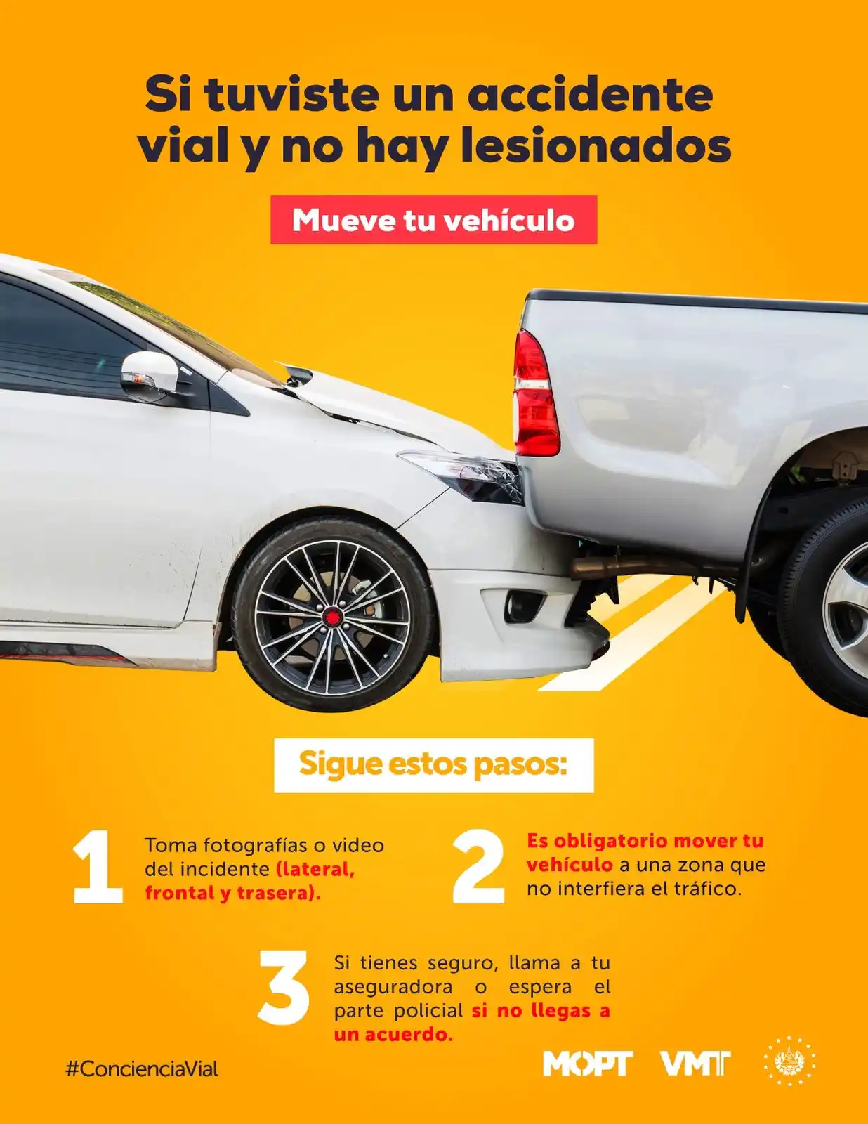 Image from VMT El Salvador : Si tuviste un siniestro vial y no hubo lesionados, debes apartar tu ve...