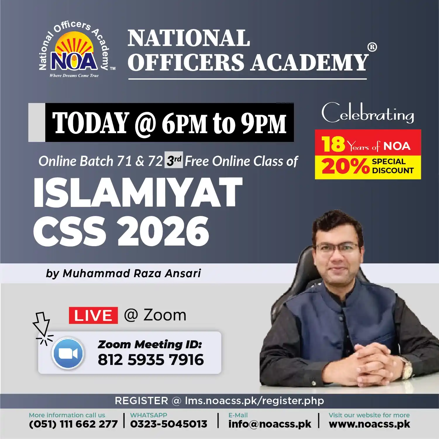 Image from National Officers Academy CSS/PMS/PCS: Today 29th May, NOA offers Free Online Islamiat class for CSS2026 @ 6p...