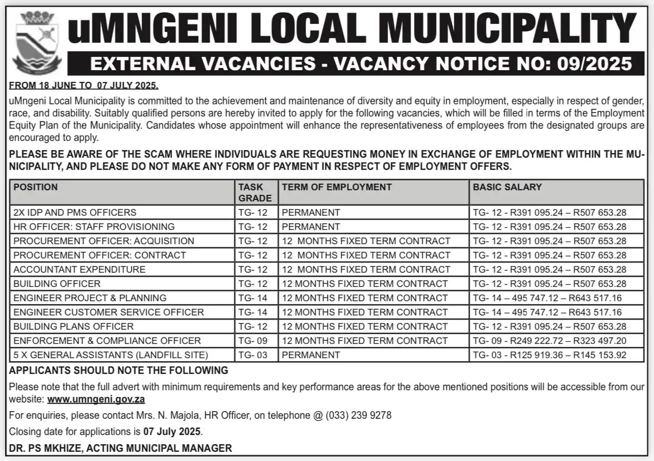 Image from uMngeni Municipality : ‼️ WE ARE HIRING ‼️ To access the full advert for vacancies please c...