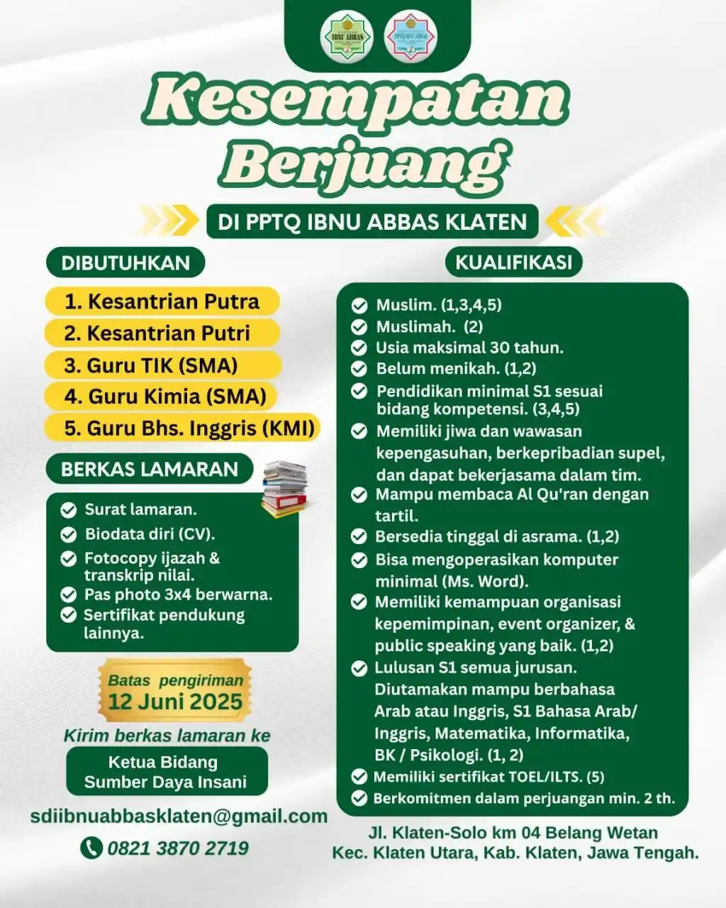 Image from Info Loker Solo Raya (Official): Masih terbuka kesempatan untuk antum menjadi Pejuang di Ibnu Abbas Kla...