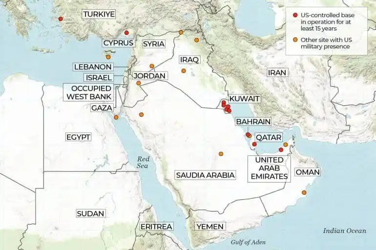 Image from خبرفوری: ♦️ نقشه ۱۹ پایگاه و تاسیسات نظامی آمریکا در منطقه خاورمیانه 🔹طبق برآ...